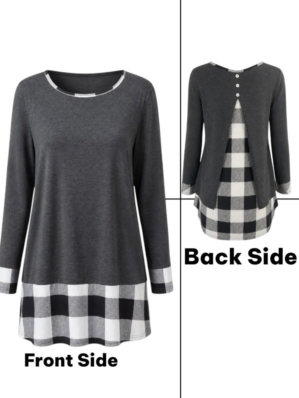 Women Gray with Black/White Checkered Long Sleeve Scoop Neck Soft Shirt Size 1XL
